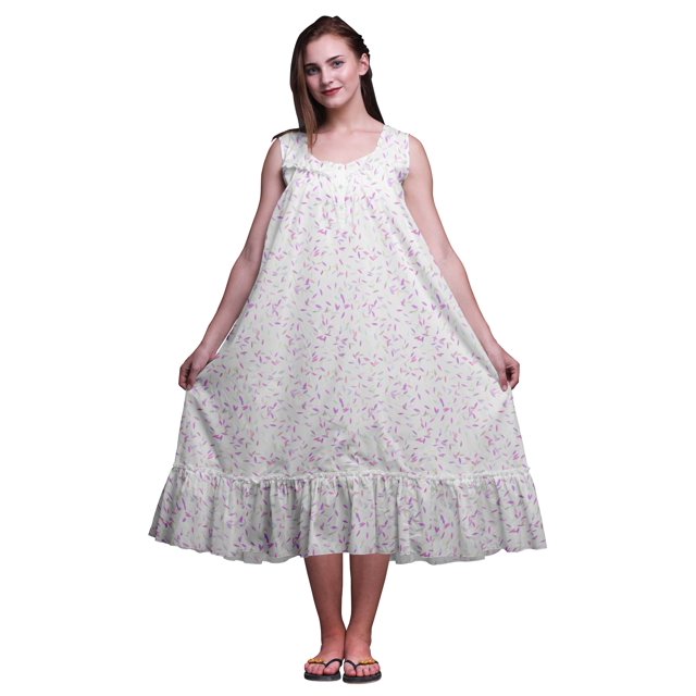 Bimba White2 Feuilles Coloré Sans Manches Robe de Nuit pour Femmes Coton Imprimé Vêtement de Nuit Dames Tenue de Sommeil Petit