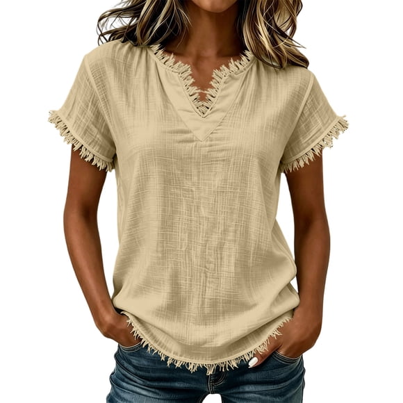 SZJXBUY Hauts Décontractés pour Femmes, T-Shirts Oversize à Col en V à Manches Courtes avec Ourlet à Franges, T-Shirts d'Été Boho Chic Coupe Ample Légers Beige, m