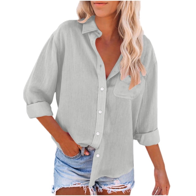 AherBiu Womens Button down Shirts Long Sleeve Casual Fall Tops Cotton Linen Loose Collared Blouses