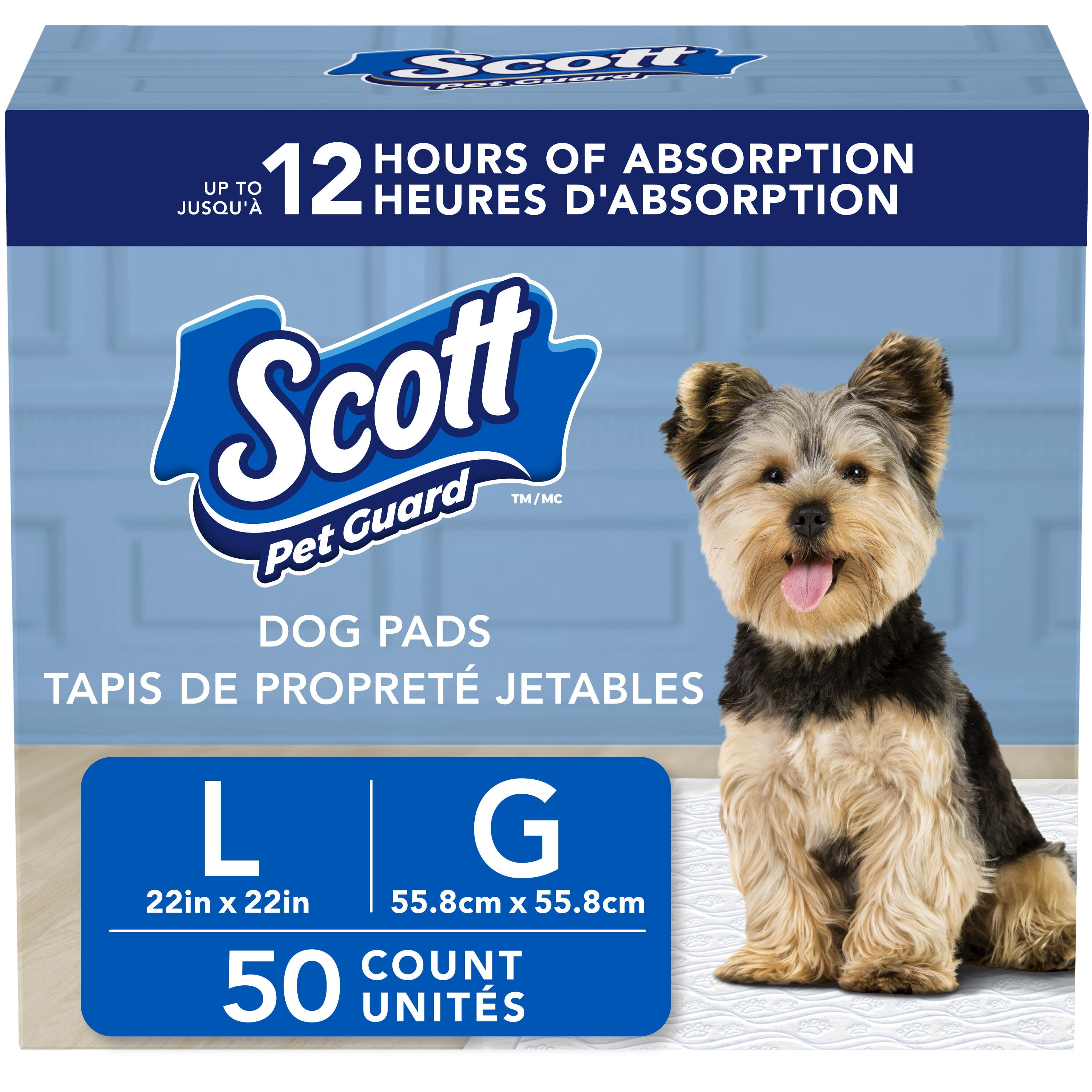Scott Pet Guard Tapis pour Chiens - Tapis d'Entraînement à la Propreté pour Chiots, Chiens Moyens et Grands - jusqu'à 12 Heures d'Absorption et Contrôle des Odeurs - Tapis de Propreté pour Chiens Faciles à Jeter - Taille Grande - 22 Pouces x 22 Pouces - Lot de 50