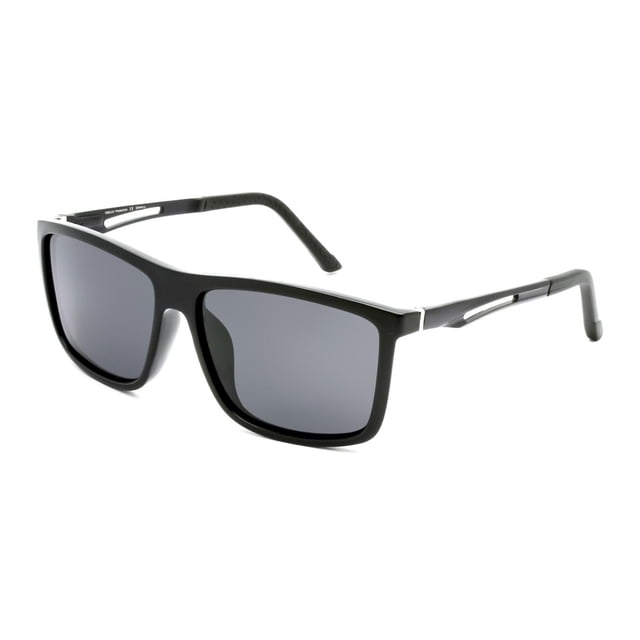 George Mens Black Square Aviator Sunglasses featuring a matte black square frame with large smoke-tinted lenses providing 100% UVA/UVB sun protection. The lightweight frame includes metal arms with rubber tips for a secure, comfortable fit, ideal for outdoor wear.