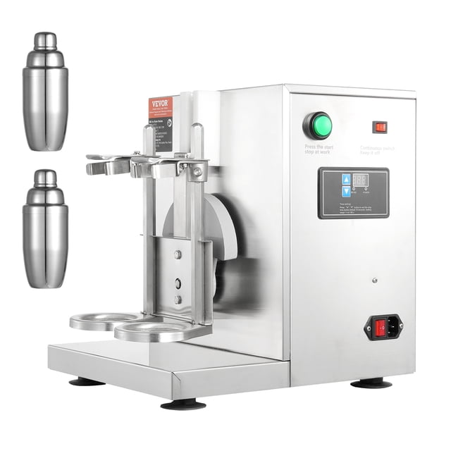 VEVOR Milkshake Maker Machine with a 120W motor, featuring a double-head design for simultaneous use. The stainless steel construction includes a digital timer for 0-180 second adjustments and a 360-degree rotating arm for even mixing. Two 750ml stainless steel shaker cups are included, suitable for milk tea, coffee, cocktails, and more. Ideal for commercial use in restaurants, coffee shops, and bars.