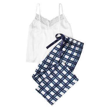 Teissuly Womens Pajamas Sexy Sleeveless Lace Embellished Camisole Check Pants Pajama Set