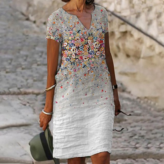 SMihono Robe d'Été Boho pour Femmes Grande Taille Robes à Manches Courtes Mode Fleurs Imprimées Robe d'Été Col en V Longueur Genou