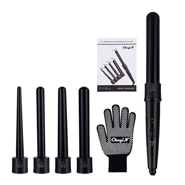 CkeyiN 5 in 1 Hair Curling Set, Multifunctional Ceramic Curling Iron Wand with 5 Replaceable Curling Barrels and 1 Heat Resistant Glove, Adjustable Temperature