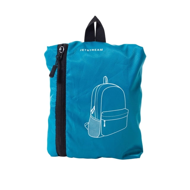 JetStream® Foldable Backpack folded into a compact bright blue pouch with a black zipper and white backpack outline, crafted from lightweight ripstop fabric suitable for travel, hiking, or daily use.