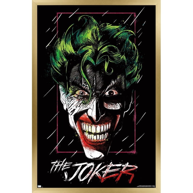 DC Comics - The Joker - Up Close Wall Poster, 14.725" x 22.375" featuring a close-up of the Joker's green hair with detailed brushstroke style on a black background, framed in gold, with 'The Joker' text in white and red graffiti font at the bottom, suitable for wall art and home décor.