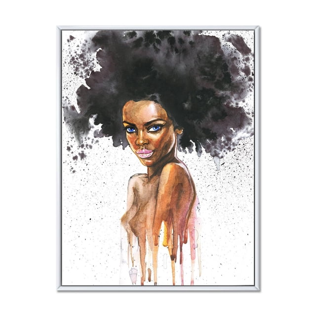 Designart Portrait de Femme Afro-Américaine VII Cadre Flottant ART Mural Présentant un Portrait Moderne à l'Aquarelle d'Une Femme aux Cheveux Noirs Volumineux Créé avec des Effets d'Encre Éclaboussée, des Teintes de Peau Brunes avec des Détails de Peinture Goutte à Goutte sur Toile en Coton de Qualité Supérieure, Enveloppé pour Galerie et Serti dans un Cadre Flottant Blanc, Prêt à Accrocher.
