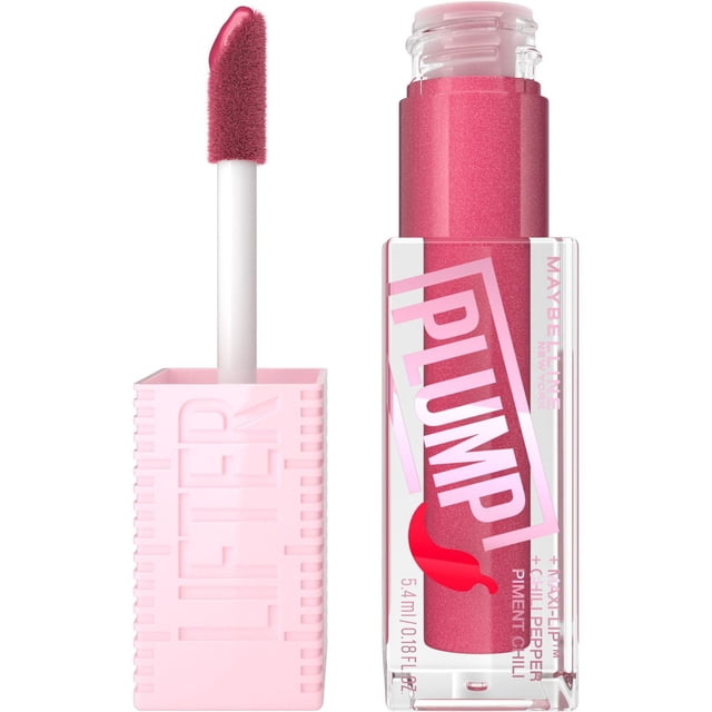 Maybelline New York Lifter Plump Lip Gloss, 5.4 ml, with XL wand applicator removed. The clear tube reveals shimmering pink gloss with pink 'PLUMP' text and chili pepper graphic. The angled, fuzzy applicator tip is coated in matching pink gloss, attached to a light pink square handle embossed with 'LIFTER'.