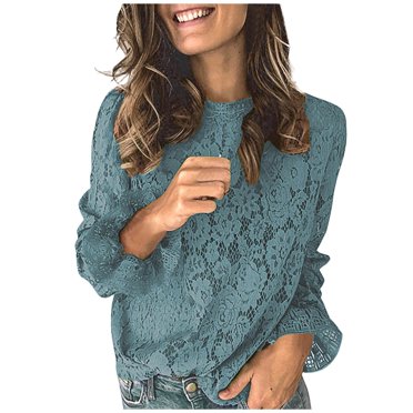 CEHVOM T-shirt à Manches Longues en Dentelle pour Femme, Col Rond, Couleur Unie, Coupe Ample, Décontracté, Mode