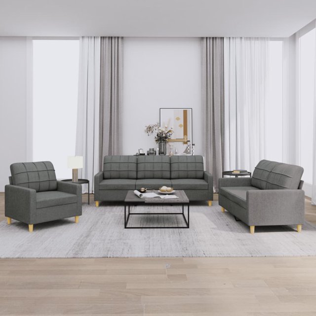 vidaXL 3 Piece Sofa Set with Cushions in dark grey fabric, ideal for living room furniture. Includes a sofa chair, 2-seater sofa, and 3-seater sofa with plywood and metal frames for sturdiness. Features six cushions, thickly padded seats, armrests, and back pillows for comfort. Displayed in a bright living room with wooden flooring and modern decor.