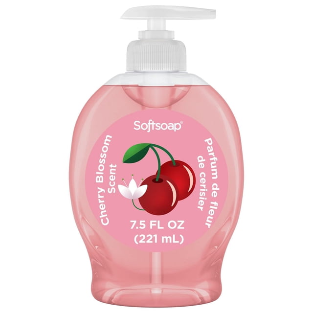 Softsoap Limited Edition Cherry Blossom Liquid Hand Soap in a 221ml pump bottle with pink translucent soap, featuring a cherry blossom scent and moisturizing formula ideal for bathroom or kitchen hand care.
