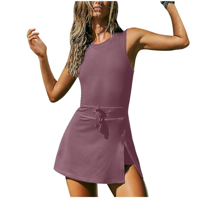 Timegard Womens Rompers Round Neck Sleeveless Drawstring Backless Workout Skirts Jumpsuit with Shorts