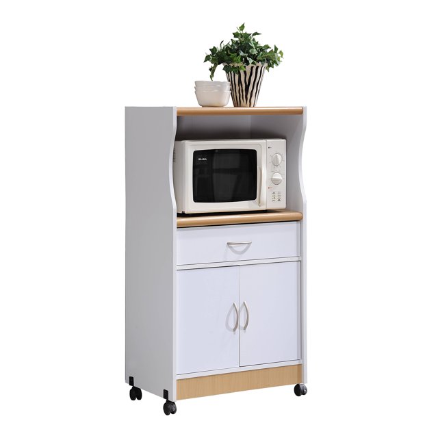 Hodedah Wheeled Microwave Cart with Drawer and Cabinet Storage, White