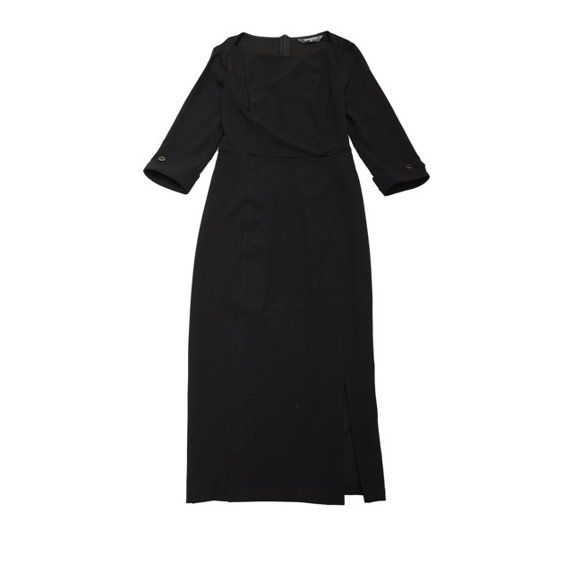 INSPIRE CHIC Robe Fourreau pour Femme Col Bateau Manches 3/4 Ourlet Fendu Robe Midi de Bureau Noir P