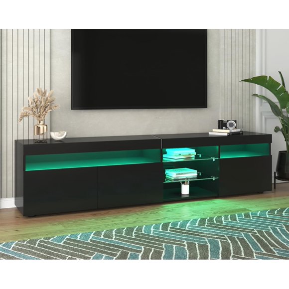 71 Inch Modern Black TV Stand for TVs up to 80 inch, Media Console with USB LED Lighting and 3 Doors, High Gloss Front Entertainment Centre with Storage for Living Room, Matte Black TV Cabinet
