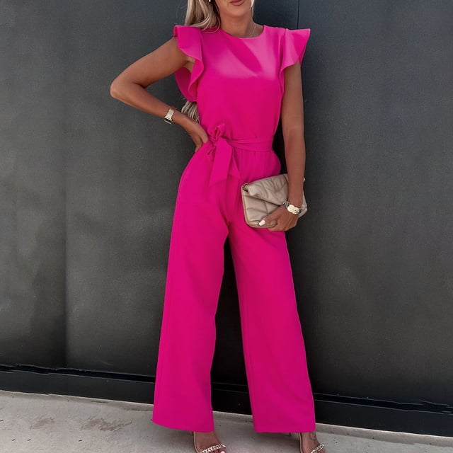 Babysbule Pantalon pour Femmes Mode Femme Été Uni Décontracté à Volants Manches Courtes Combinaison à Bretelles
