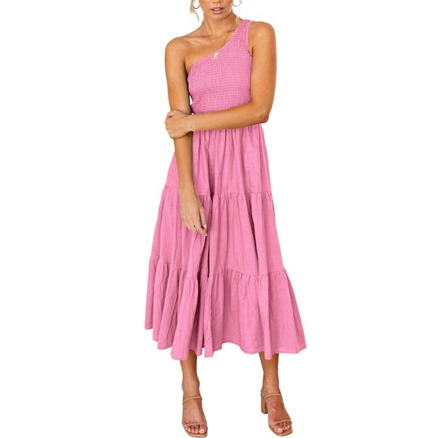 Robe Longue Femme Décontractée Plissée Midi Fête Danse Plage Vacances Bureau Ados Mode Été Vêtement Rose TG