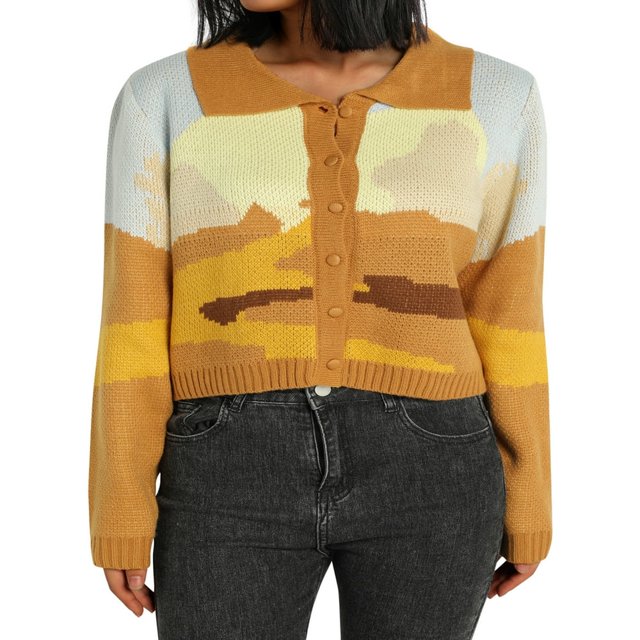 Women‘s Button Down Sweater Crop Tops Long Sleeve Color Block Knit Cardigan Lapel Spring Fall Outwear