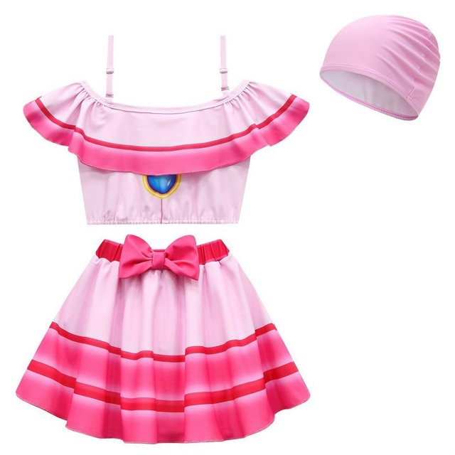 Maillot de Bain une Pièce pour Filles Princess Peach, Tenue de Bain Comprenant un Haut de tankini Rose à Épaules Dénudées avec Bretelles Ajustables, une Encolure à Volants et un design Bleu Inspiré d'Un Bijou. Comprend une Jupe de Bain Rose Assortie avec Détail Nœud et Culotte Intégrée, Ainsi Qu'un Bonnet de Bain Rose Coordonné. Fait de spandex Doux, à Séchage Rapide et Respirant, Convient aux Filles de 3 à 8 Ans. Idéal pour la Natation, les Fêtes à la Piscine, les Sorties à la Plage et les Événements de cosplay.
