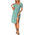 thumbnail image 2 of INSPIRE CHIC Robe Smockée pour Femme à Carreaux Vichy, Encolure Carrée, Manches Courtes, Décontractée, Vert P, 2 of 5