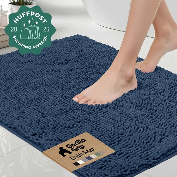 GORILLA GRIP Chenille Bath Rug 24x17, Rubber Back Quick Dry Washable Microfiber Bathroom Mats, Navy