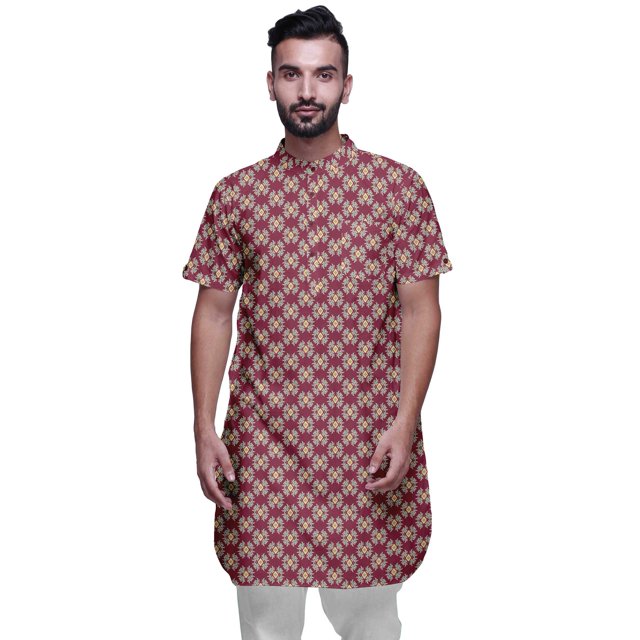Atasi Kurta Imprimée pour Hommes Col Mandarin Coton Cambric Chemise Kurta Décontractée