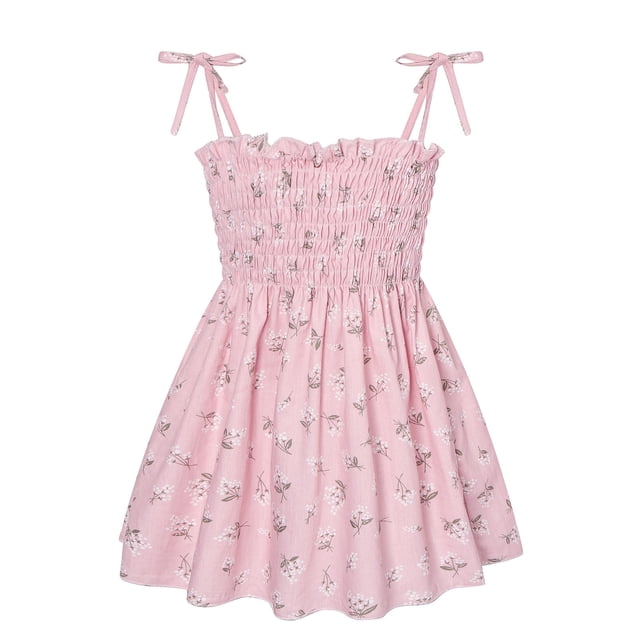 Robe d'Été pour Fille au design Classique en Ligne a, avec un Imprimé floral Rose, un Corsage Smocké et des Bretelles à Nouer Ajustables. Fabriquée en Tissu Doux et Respirant, Cette Robe Sans Manches Convient aux Tout-Petits de 4-5 Ans. Idéale pour les Sorties Décontractées, les Fêtes Ou les occasions Spéciales, Elle Offre Confort et style pour les Saisons Plus Chaudes.