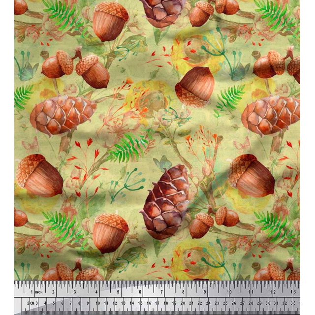 Soimoi Yellow polyester Georgette Fabric Apricot, & Oaknut Fruits Print Sewing Fabric BTY 52 Inch Wide