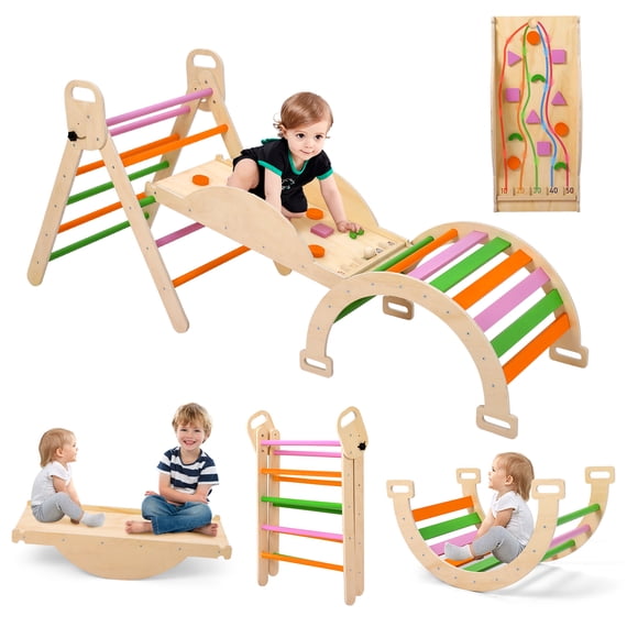 Ensemble d'Escalade Pliable en Bois 9-en-1 Éducatif pour Tout-Petits - Gymnase Triangulaire Intérieur avec Arche à Bascule, Glissade, Jeu de Flipper et Bascule - Mobilier de Jeu Multifonction pour Enfants, Garçons et Filles
