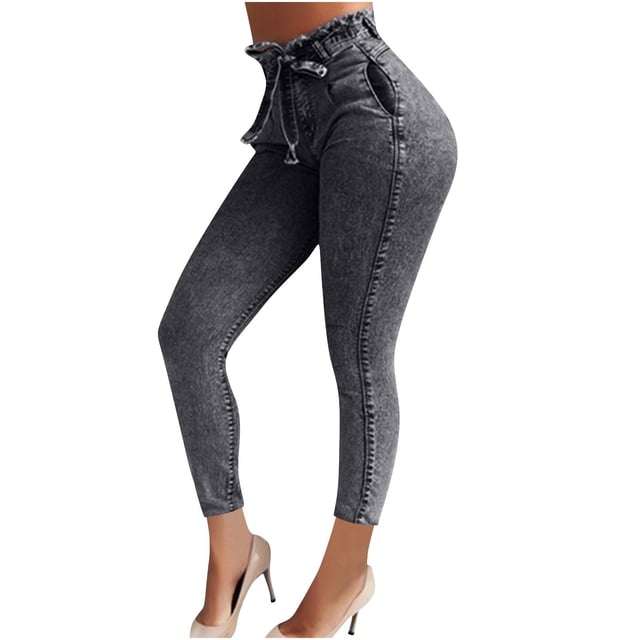 Pull On Skinny Jeans for Women, Stretchy Smocked Ruffle High Waisted Trendy Tummy Control Faux Demin Jegging