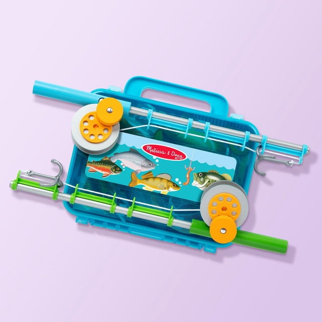 Melissa & Doug Ensemble de Jeu de Pêche « Let's Explore » – 21 Pcs avec Deux Cannes à Pêche en Bois, Présentant des Moulinets Jaunes et des Hameçons Sécuritaires pour Enfants en Bleu et Vert, Se Reposant sur une Boîte d'Attirail Bleue avec une Carte guide de Poissons Colorée Illustrant des Espèces de Poissons, Convient au Jeu Imaginatif et de Rôle.