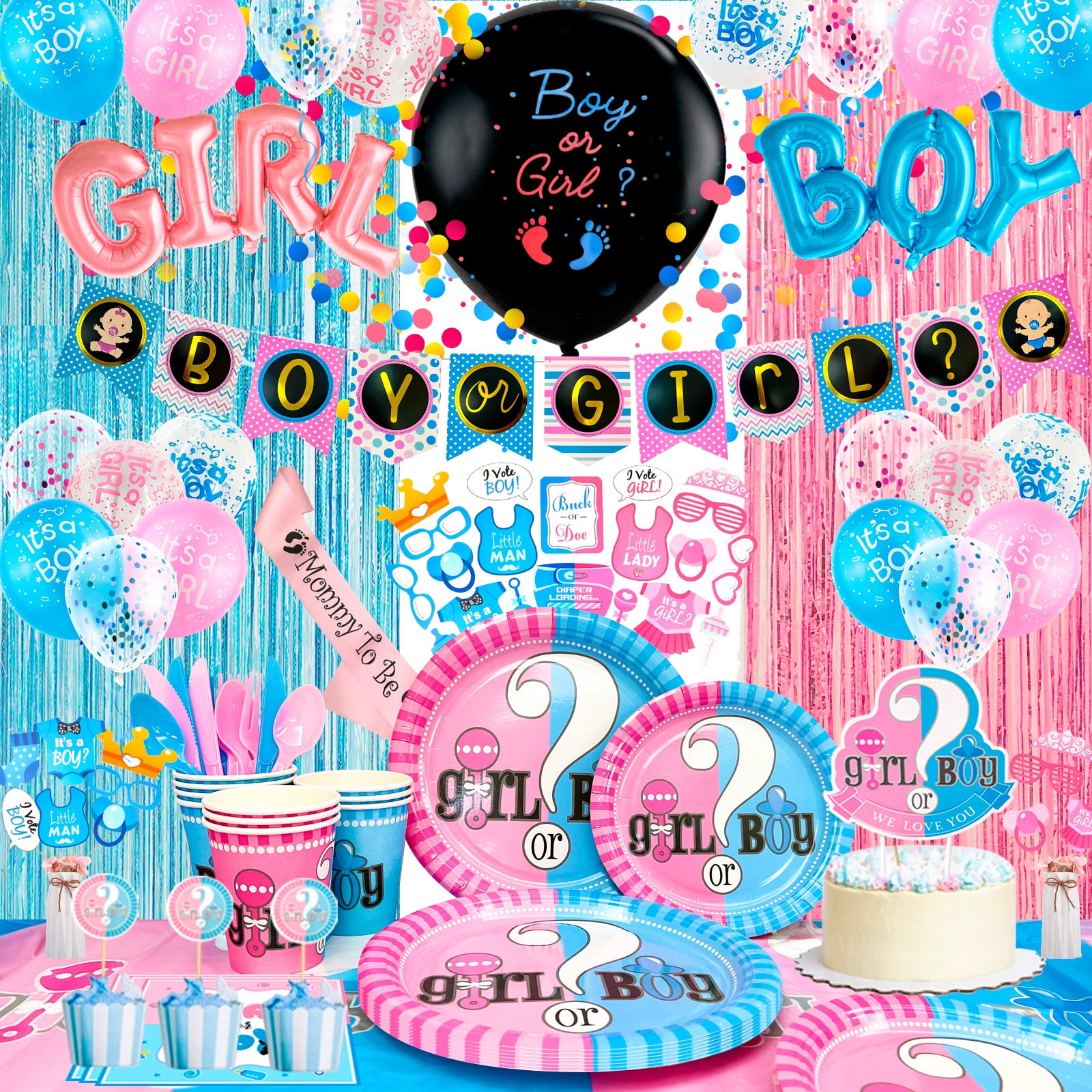 Gender Reveal Decorations, 138pcs Baby Gender Reveal Party Supplies Tableware - Boy or Girl Banner Balloons Photo Props Cake Topper Tablecloth Plates Napkins Cups for Party Set