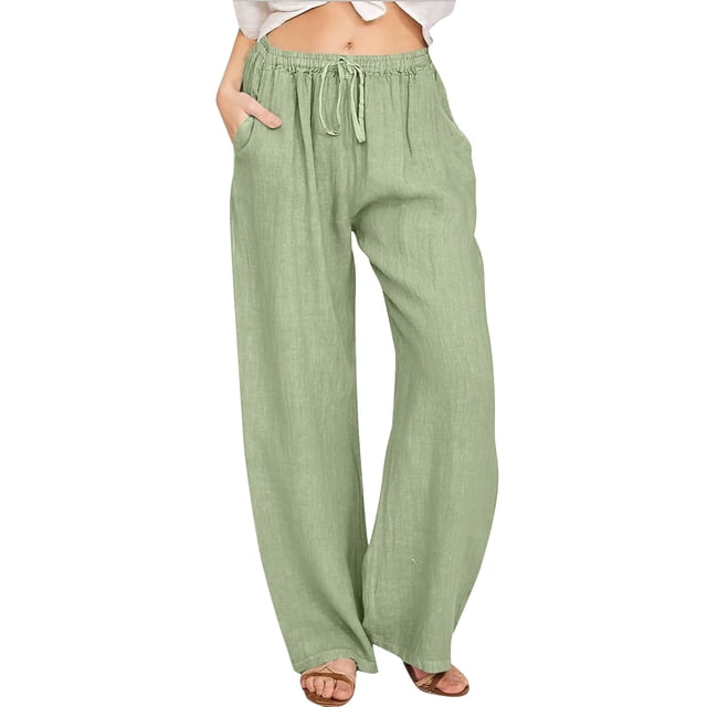 WEIYLL Womens Pants Linen Elastic High Waist Drawstring Wide Leg Yoga Green Pant size XXL