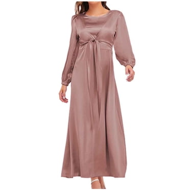 Cameland Women's Long Sleeve Midi Long Dress Wrap Round Neck Tie Fall Vintage Maxi Dresses Solid Satin Soft Waist and Ankle Dress