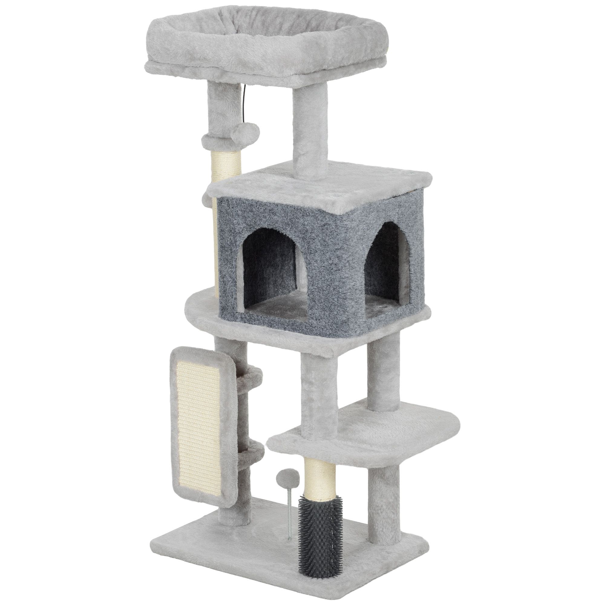41 Inch Cat Tree with Condo, Plush Cat Tower with Sisal Scratching Posts, Jumping Platforms & Grooming Brush, Light Grey Multi-Level Activity Center for Indoor Living Room