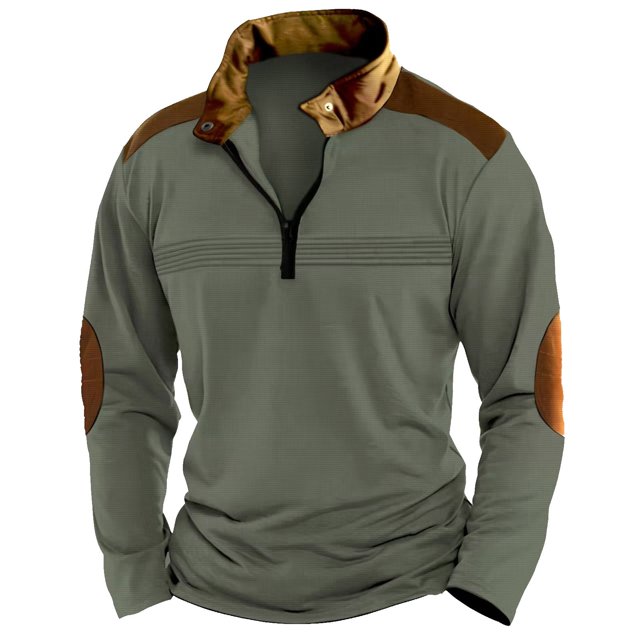 Mens Autumn Winter Folded Long Sleeve Sweatshirt Standing Collar Zip Flya Way Hoodless Sweatshirt Top