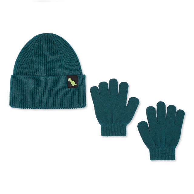 George Ensemble 2 Pcs pour Tout-Petits Garçons Tuque et Gants en Tricot avec Poignets Côtelés, Comprenant un Chapeau avec Poignets Tournés et Écusson Dinosaure, et des Gants Assortis, Convient pour Garder les Tout-Petits au Chaud en Hiver.