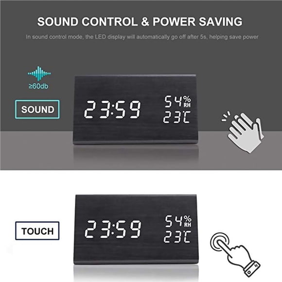 Ruiboury Digital Clock Wooden Electronic LED Time Display Temperature and Humidity Detect Clock for Bedroom Black