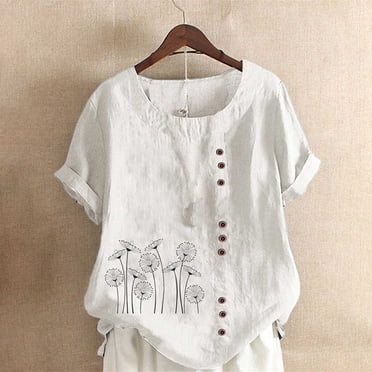 LOVZFMLL Hauts d'Été pour Femmes, Mode pour Dames, Couleur Unie, Imprimé Floral, Chemise à Manches Courtes en Coton et Lin pour Femme, Haut Décontracté Ample