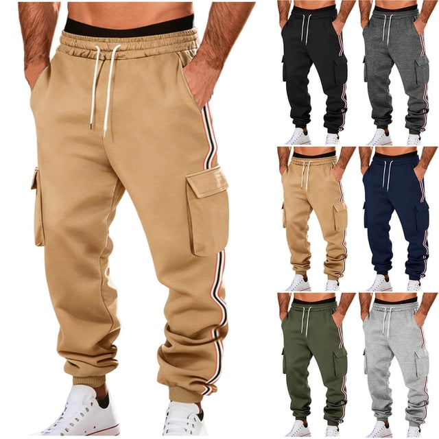 Sentmoon Mens Workout Pants Workout Pants for Men Men Solid-Color Casual Loose Sports Texture Work Pants Drawstring Pockets Elastic Waistband Long Pants for Weekend and Lounge Wear Khaki S