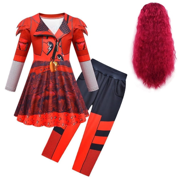 Combinaisons de Costume Rouges pour Fille, Robe Rouge à Enfiler et Pantalon, Déguisement d'Halloween pour 3-12 Ans, avec Perruque