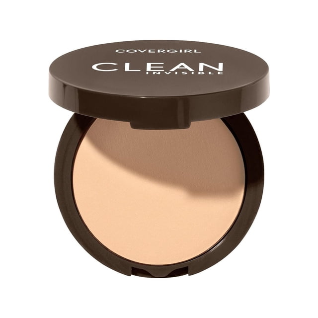 COVERGIRL Clean Invisible Pressed Powder in a round dark brown compact with an open lid showing light beige finely-milled powder, featuring a lightweight, breathable, vegan formula that is talc- and fragrance-free and infused with oil-absorbing oat flour for a natural, shine-free finish suitable for sensitive skin.