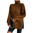 thumbnail image 1 of EYIIYE Chandail d'Automne et d'Hiver pour Femme à Manches Longues, Col Roulé, Tricot, Chandail, Couleur Unie, Ourlet Fendu, Long Tricot, Chandail, Ample, Décontracté, Confortable, Hauts, 1 of 8