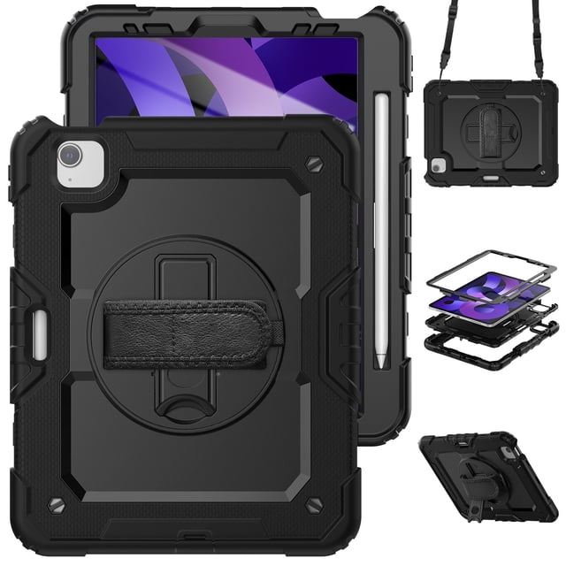 XYX For iPad Air 5th/4th Generation 10.9 inch 2022/2020 Case, 360 Rotating Shockproof Cover with Stand, Screen Protector, Shoulder Strap, Black