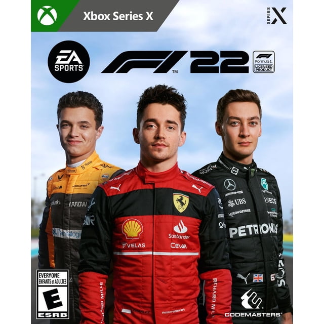 F1 2022 (Xbox Series X) Couverture Mettant en Vedette Trois Pilotes de Formule 1 en orange McLaren Officielle, Rouge Ferrari et Noir, et Combinaisons de Course Noires Mercedes avec logos de sponsor, Affrontement dans un Ciel Clair avec Xbox Series X et EA Sports branding.
