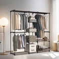 thumbnail image 2 of Freestanding Wardrobe Clothes Rack, Coat Rack with Rails, Fabric Shelves, Metal Frame Organizer, Taupe, 2 of 5