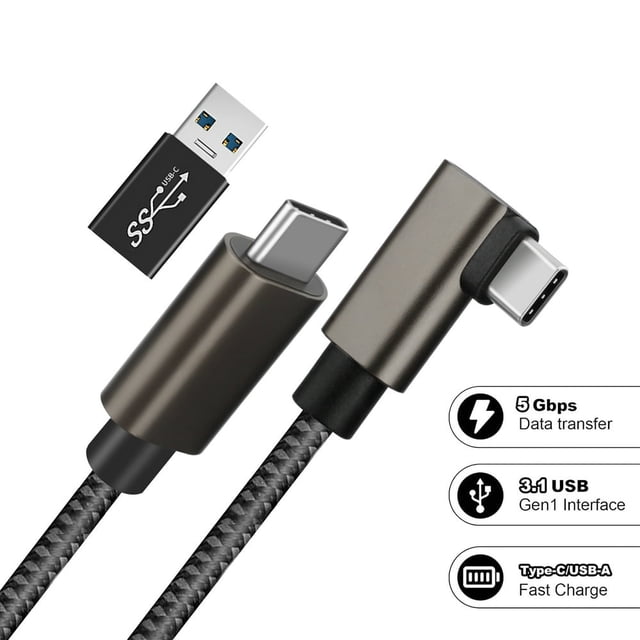 EIGTHTAIL Link Cable for 16ft VR Headset, designed for Meta/Oculus Quest 3, featuring a USB 3.0 Type-C to Type-C connection with a USB-A adapter. This extension charger cord supports 5Gbps high-speed data transfer and 3A fast charging, enabling simultaneous gaming and charging. Includes a 90° right-angle connector and a cable strap for secure attachment to the VR headset. Durable and flexible design ensures freedom of movement during virtual reality gaming. Package includes a 16ft cable, USB adapter, and cable strap.
