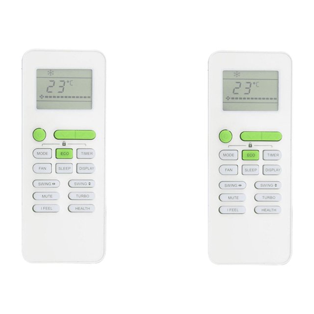 2X GYKQ-52 Télécommande de Remplacement pour Climatiseur avec Fonctions de Chauffage et de Refroidissement, en Matériau ABS Blanc au design Ergonomique. les Deux Télécommandes Offrent un Affichage Numérique, des Boutons de Fonction Verts et des Commandes Étiquetées pour des modes comme ECO, Ventilateur, Sommeil et turbo. Compacte et Facile à Tenir, Idéale pour Remplacer les Télécommandes Perdues Ou Abîmées.