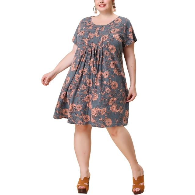 GRACE & GRANDEUR Robe Midi d'Été Plissée à Fleurs à Manches Courtes à Col Rond pour Femme Grande Taille1X Rose
